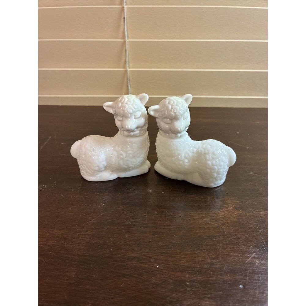 Vintage Set Of 2 70s Avon LITTLE LAMB Sheep Cologne Bottles Milk Glass Empty